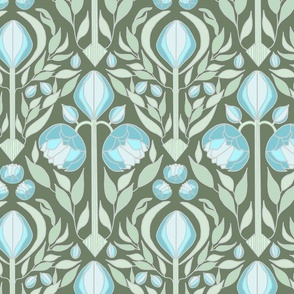 Art Deco Peonies in Blue and Green, small scale