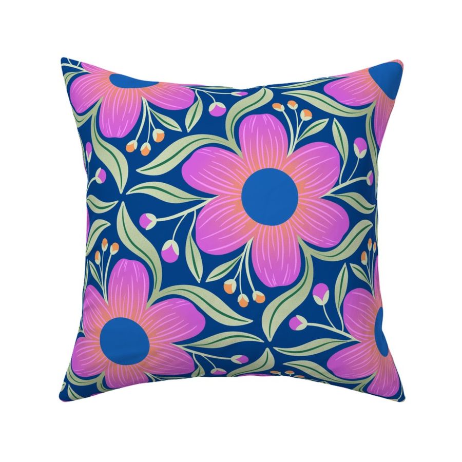 Bold Groovy Floral in Blue and Magenta 12x12