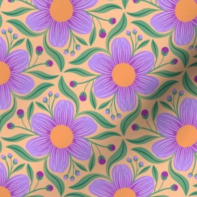 Bold Groovy Floral in Purple and Orange 5x5