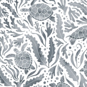 Turtles and seaweed grey on white - large scale