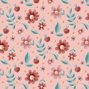 Pink and Teal Florals on Pink Background // 4x4