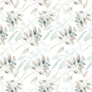 Watercolor Painted Overlapping Leaves In Soft Taupe And Light Teal On White Ground Small Scale