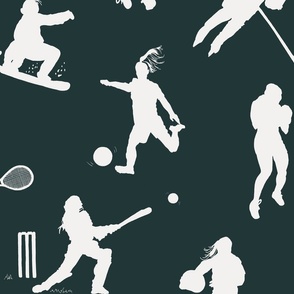 Hand Drawn Silhouette Women Playing Sports Off White On Dark Green Large