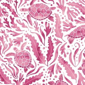 Turtles and seaweed magenta pink on white - large scale