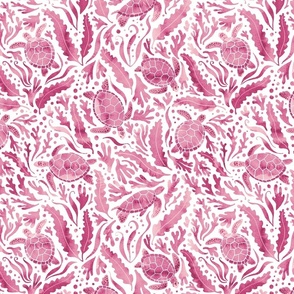 Turtles and seaweed magenta pink on white - medium-large scale