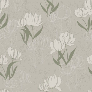 Floral Symphony - Beige Cream Green Floral Tulip Illustrations and Ghost Outline Sketches on Beige Gray Greige Textured Background
