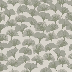 Tranquil Ginkgo - Scattered Green Dark Green Gray Greige Ginkgo Leaves Atop Cream Background