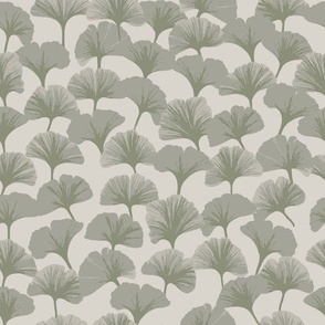 Nature Inspired Tranquil Ginkgo Leaves in Green Dark Green Gray Greige Scattered Atop Cream Background