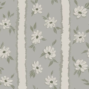 Traditional Striped Floral - Neutral Botanical Cream Greige Dark Gray Flowers Scattered Between Hand Drawn Beige Gray Greige Stripes on Dark Gray Greige Background