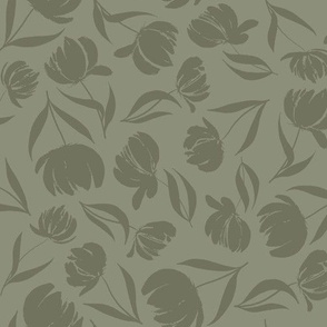 Blossom Cascade - Dark Green Colour Floral Illustrations Scattered Atop Dark Sage Green Background