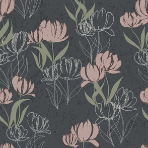 Large Nature Botanical Tulip Flowers and Blossom Outlines Silhouettes in Dusty Pink Dark Mauve Pink Dark Gray Colors