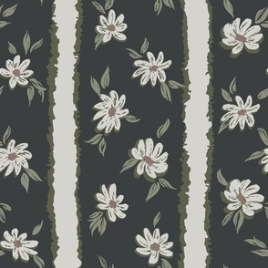 Traditional Striped Floral - Neutral Botanical Light Gray Greige Dark Green Flowers Scattered Between Hand Drawn Light Gray Greige Dark Green Stripes on Dark Gray Background