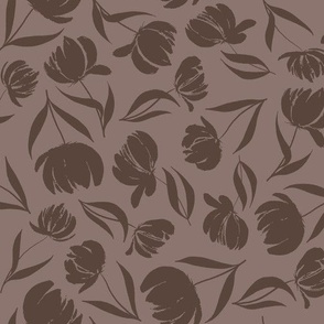 Blossom Cascade - Dark Mauve Pink Tulip Floral Illustrations Scattered Atop Dusty Pink Background