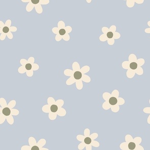 Daisies Blue-gray Olive Green and Cream - Lg