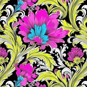 Bright Neon Pink and Yellow Damask