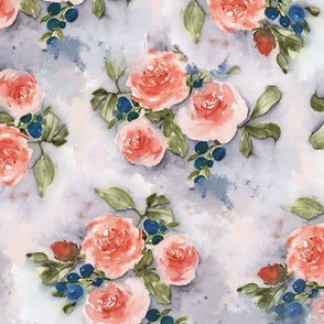 Watercolor Roses, Berries, and Leaves on Textured Background - Coral Orange (Large Scale)