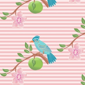 (L) Tropical turquoise  birds in apple trees - on pink with stripes