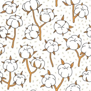 hand drawn cotton flowers beige seeds pattern