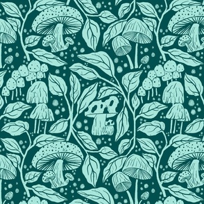 Enchanted Forest Fungi - Whimsical Mushroom and Foliage Textile Design
