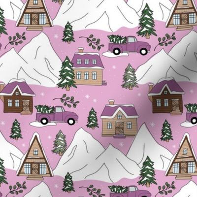 Vintage Christmas- Mountain cabins and christmas trees driving home for Christmas seasonal winter wonderland and snowy mountain peaks purple fuchsia pink