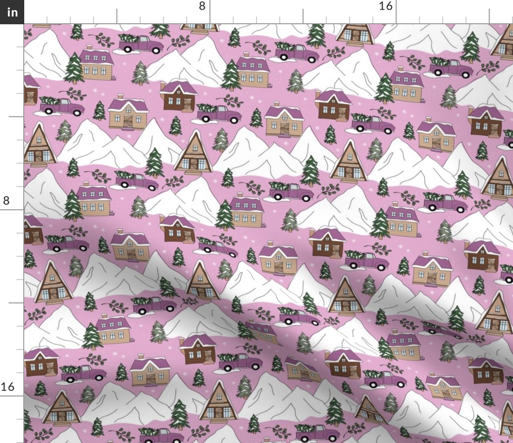 Vintage Christmas- Mountain cabins and christmas trees driving home for Christmas seasonal winter wonderland and snowy mountain peaks purple fuchsia pink