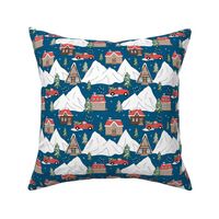 Vintage Christmas- Mountain cabins and christmas trees driving home for Christmas seasonal winter wonderland and snowy mountain peaks red on navy blue