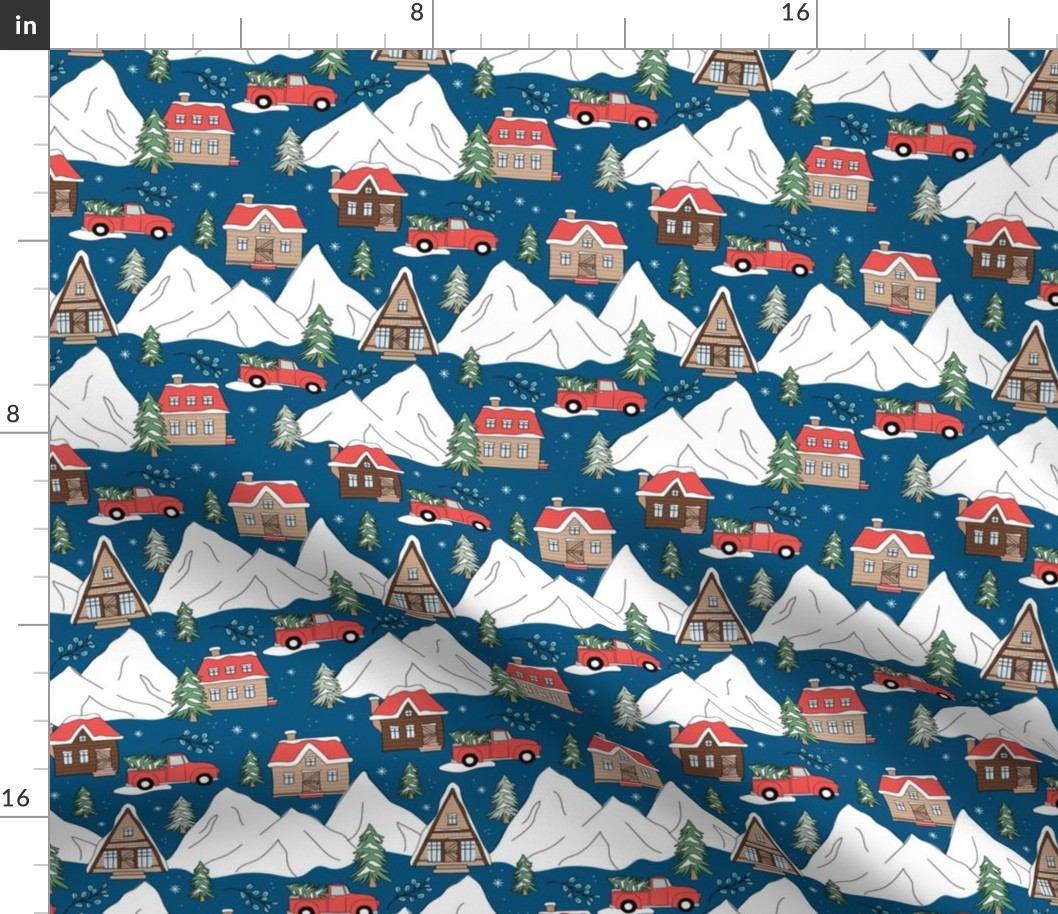 Vintage Christmas- Mountain cabins and christmas trees driving home for Christmas seasonal winter wonderland and snowy mountain peaks red on navy blue