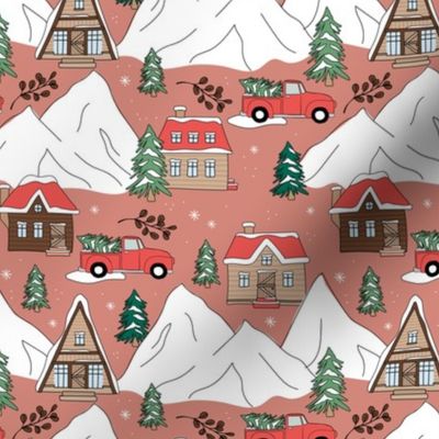 Vintage Christmas- Mountain cabins and christmas trees driving home for Christmas seasonal winter wonderland and snowy mountain peaks red green on vintage brick