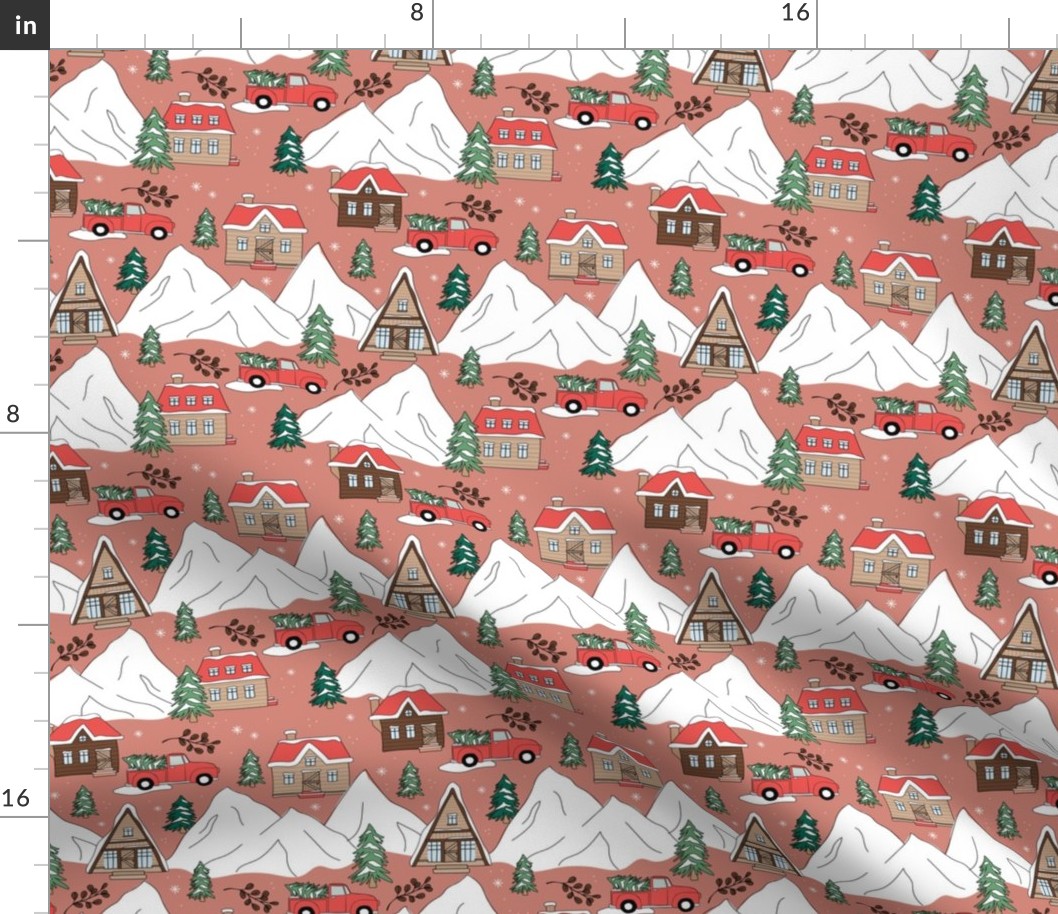 Vintage Christmas- Mountain cabins and christmas trees driving home for Christmas seasonal winter wonderland and snowy mountain peaks red green on vintage brick