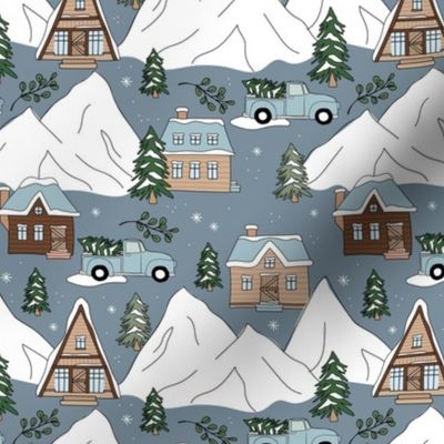 Vintage Christmas- Mountain cabins and christmas trees driving home for Christmas seasonal winter wonderland and snowy mountain peaks beige brown moody blue