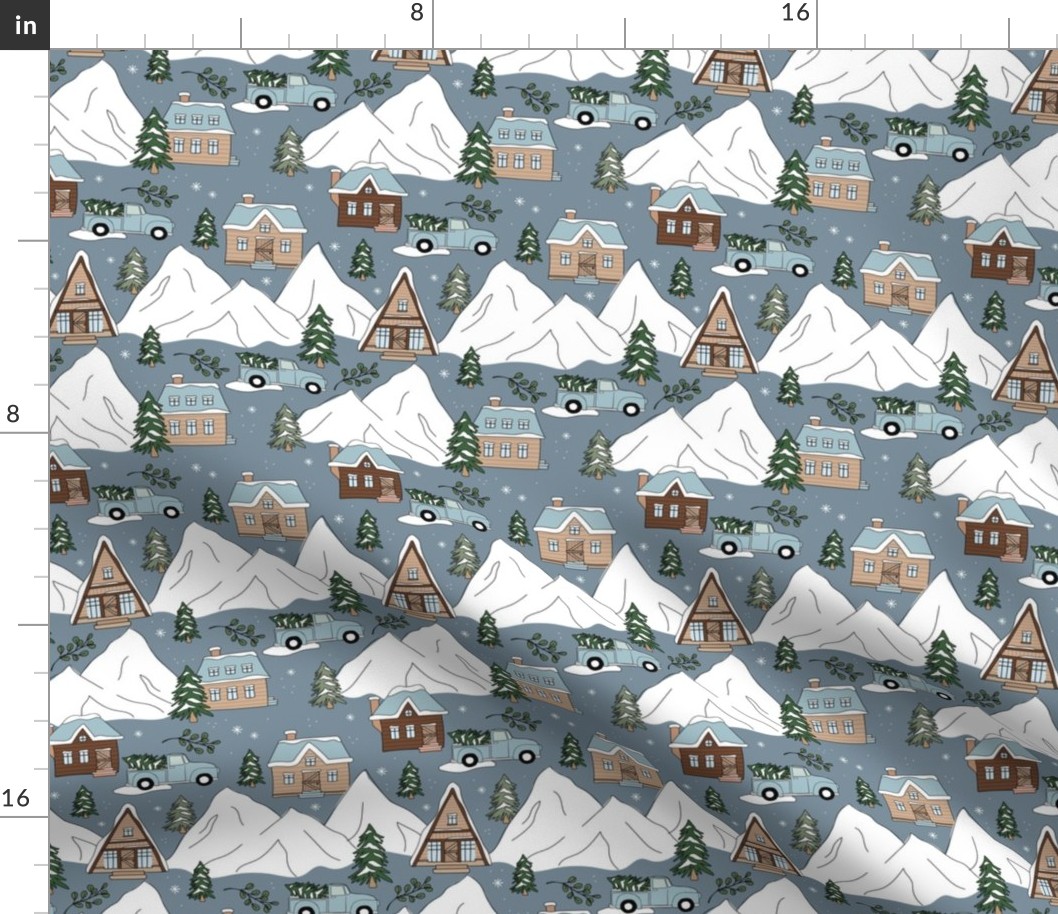 Vintage Christmas- Mountain cabins and christmas trees driving home for Christmas seasonal winter wonderland and snowy mountain peaks beige brown moody blue