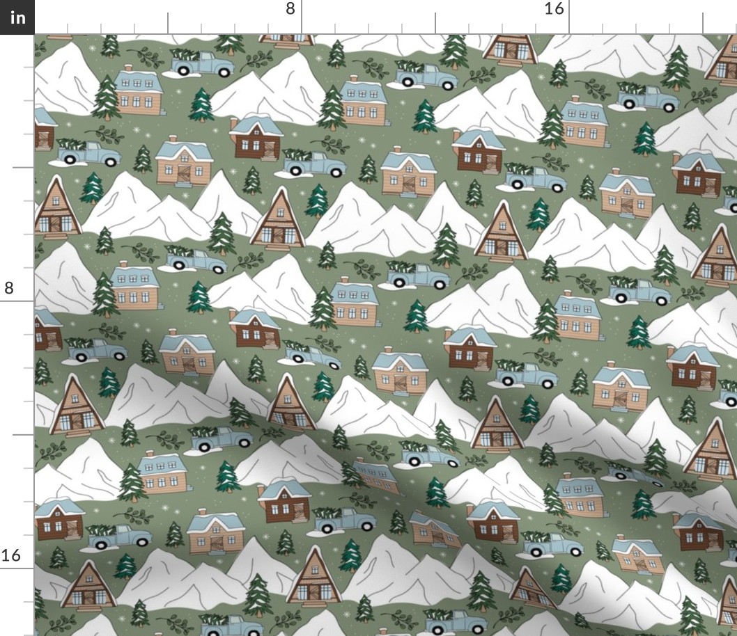 Vintage Christmas- Mountain cabins and christmas trees driving home for Christmas seasonal winter wonderland and snowy mountain peaks brown beige moody blue on olive green