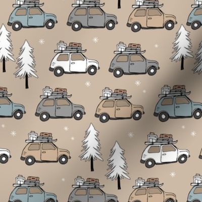 Vintage Christmas cars - driving home for christmas seasonal retro car design with christmas presents and snowflakes seventies earthy tones neutral palette gray beige tan