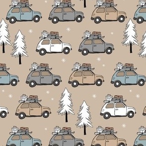 Vintage Christmas cars - driving home for christmas seasonal retro car design with christmas presents and snowflakes seventies earthy tones neutral palette gray beige tan