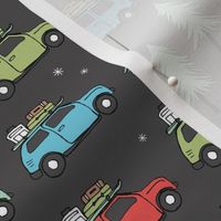 Vintage Christmas cars - driving home for christmas seasonal retro car design with christmas presents and snowflakes red blue green on charcoal boys palette