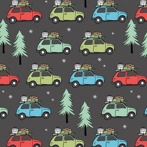Vintage Christmas cars - driving home for christmas seasonal retro car design with christmas presents and snowflakes red blue green on charcoal boys palette