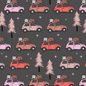 Vintage Christmas cars - driving home for christmas seasonal retro car design with christmas presents and snowflakes pink blush red on chocolate brown seventies girls palette