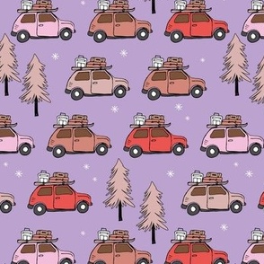 Vintage Christmas cars - driving home for christmas seasonal retro car design with christmas presents and snowflakes red pink blush beige on lilac nineties palette