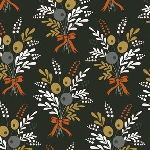Medium small scale floral bouquet in autumnal tones of deepest neutral charcoal, burnt orange, khaki olive green, charcoal grays and warm white - for wallpaper, pillow shams, sheets, duvet covers, table runners, table cloths and kids apparel