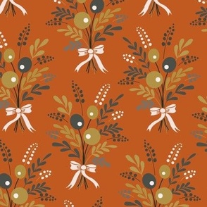Medium small scale floral bouquet in autumnal tones of burnt orange, khaki olive green, charcoal grays and warm white - for wallpaper, pillow shams, sheets, duvet covers, table runners, table cloths and kids apparel