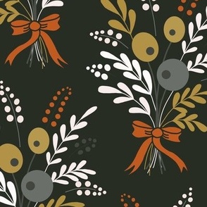 Super large scale floral bouquet in autumnal tones of deepest neutral charcoal, burnt orange, khaki olive green, charcoal grays and warm white - for wallpaper, pillow shams, sheets, duvet covers, table runners, table cloths and kids apparel