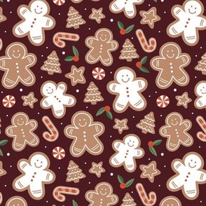 Retro cutesy gingerbread man - christmas cookies stars and trees and baked candy cane seasonal bakery snacks design red green beige on burgundy