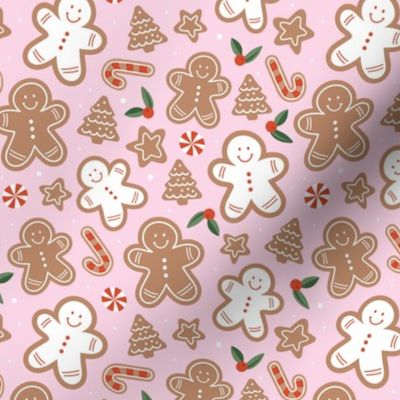 Retro cutesy gingerbread man - christmas cookies stars and trees and baked candy cane seasonal bakery snacks design red green beige on pink