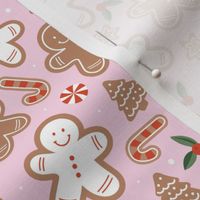 Retro cutesy gingerbread man - christmas cookies stars and trees and baked candy cane seasonal bakery snacks design red green beige on pink