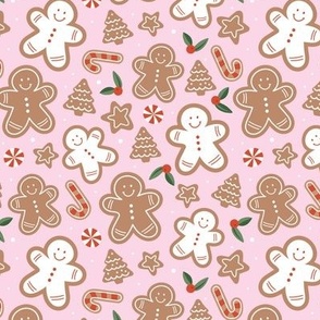 Retro cutesy gingerbread man - christmas cookies stars and trees and baked candy cane seasonal bakery snacks design red green beige on pink