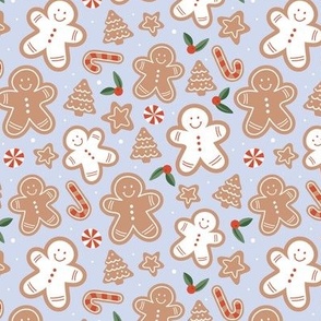 Retro cutesy gingerbread man - christmas cookies stars and trees and baked candy cane seasonal bakery snacks design red green beige on ice blue