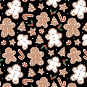 Retro cutesy gingerbread man - christmas cookies stars and trees and baked candy cane seasonal bakery snacks design red green beige on black night
