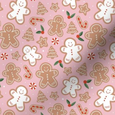 Retro cutesy gingerbread man - christmas cookies stars and trees and baked candy cane seasonal bakery snacks design red green beige on pink blush girls palette