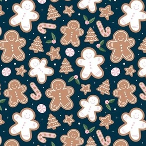 Retro cutesy gingerbread man - christmas cookies stars and trees and baked candy cane seasonal bakery snacks design pink green beige on navy blue night