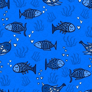 Monochromatic-happy-sleeping-fish-in-shades-of-ocean-blue-XL-jumbo